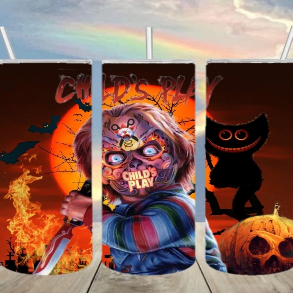 Child's play Chucky with face tattoos tumbler